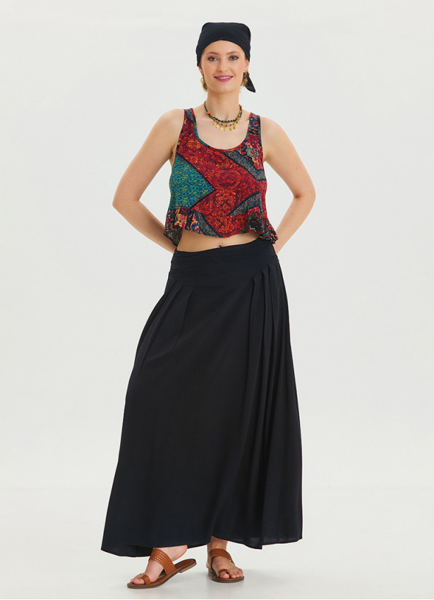 Black Long Skirt with Elastic Waist and Drape Detail 4493